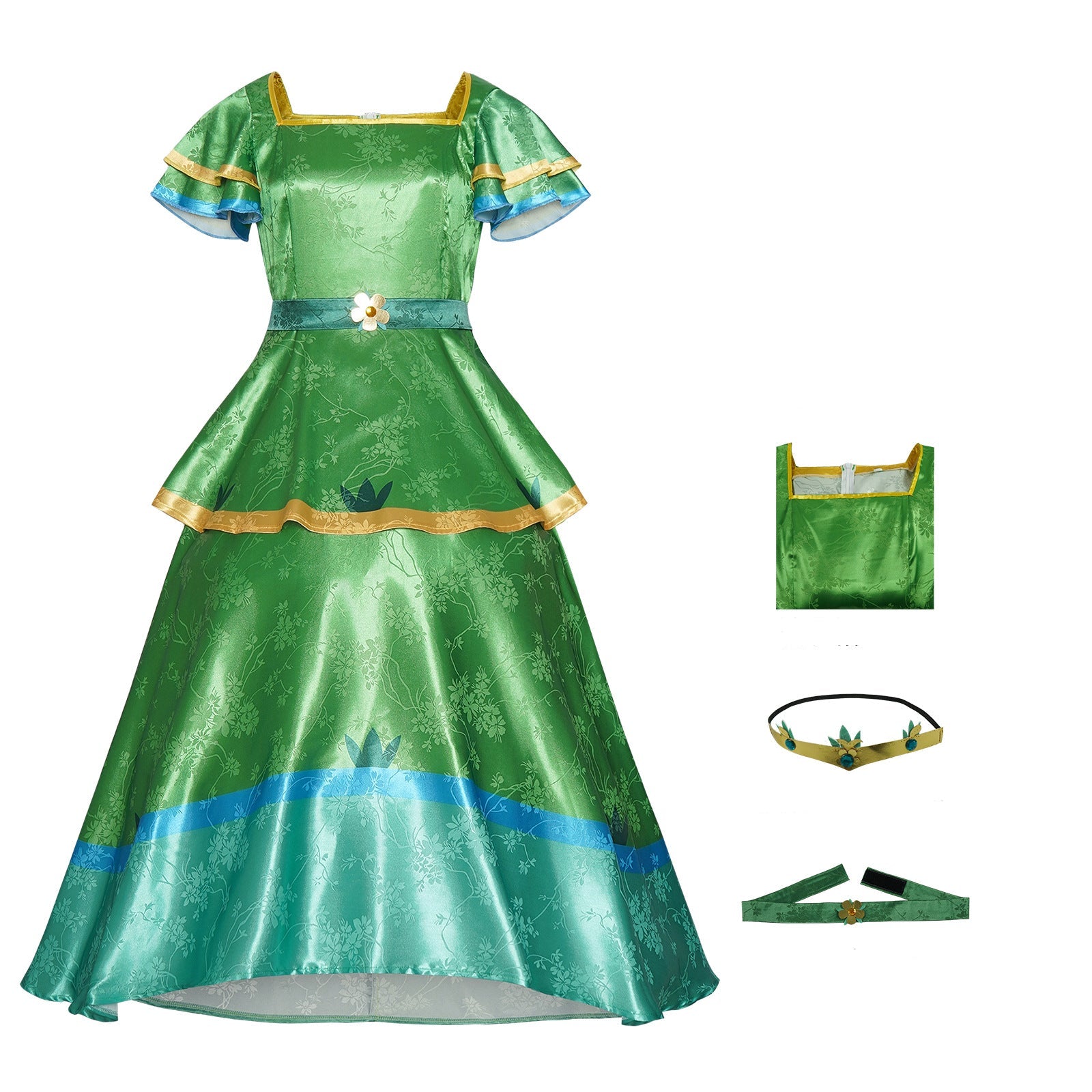 Girls Princess Camila Costume Green Double-layered Ruffled Sleeves Elegant Gown with Accessorie for Cosplays