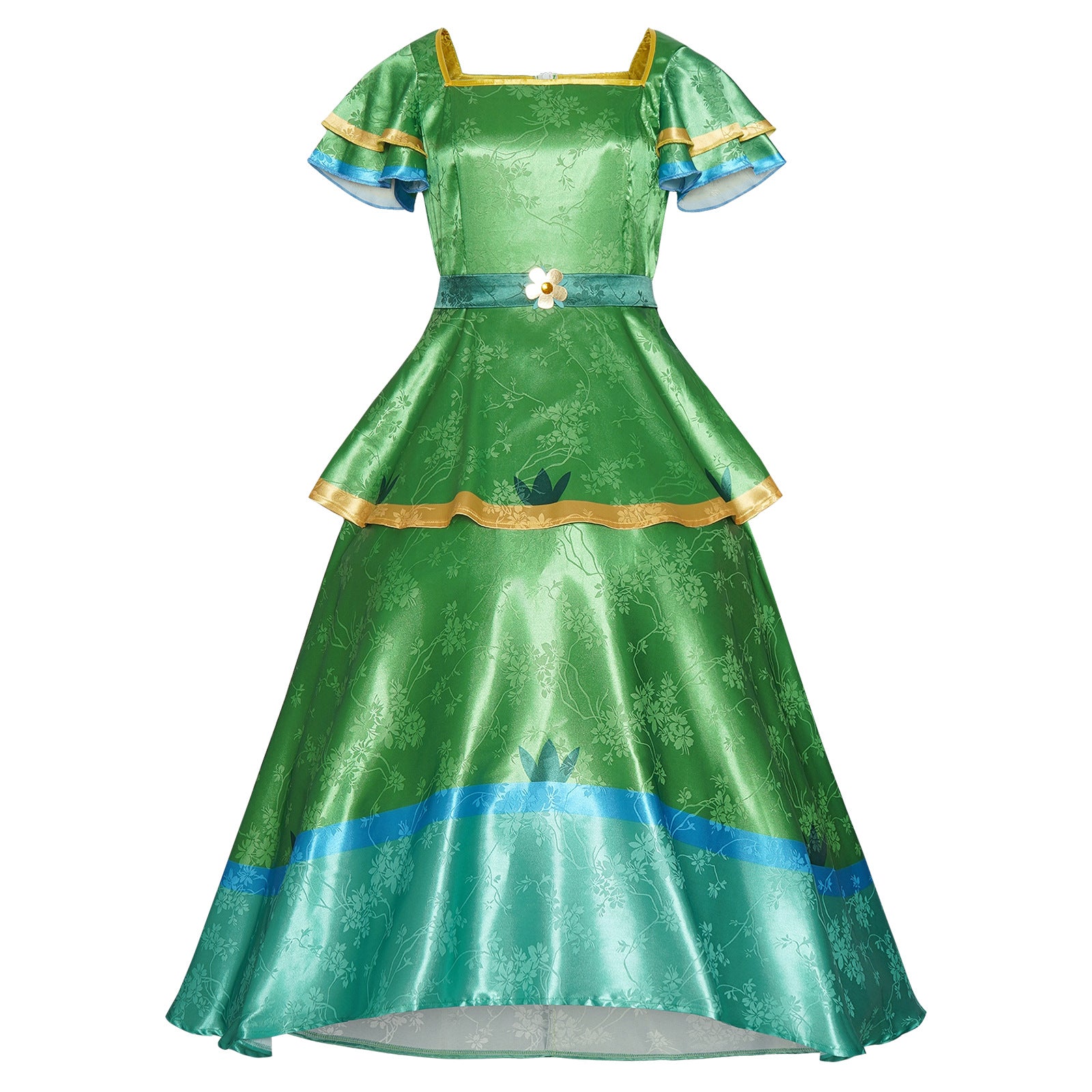 Girls Princess Camila Costume Green Double-layered Ruffled Sleeves Elegant Gown with Accessorie for Cosplays