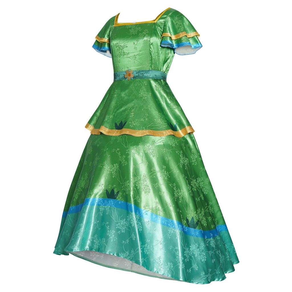 Girls Princess Camila Costume Green Double-layered Ruffled Sleeves Elegant Gown with Accessorie for Cosplays