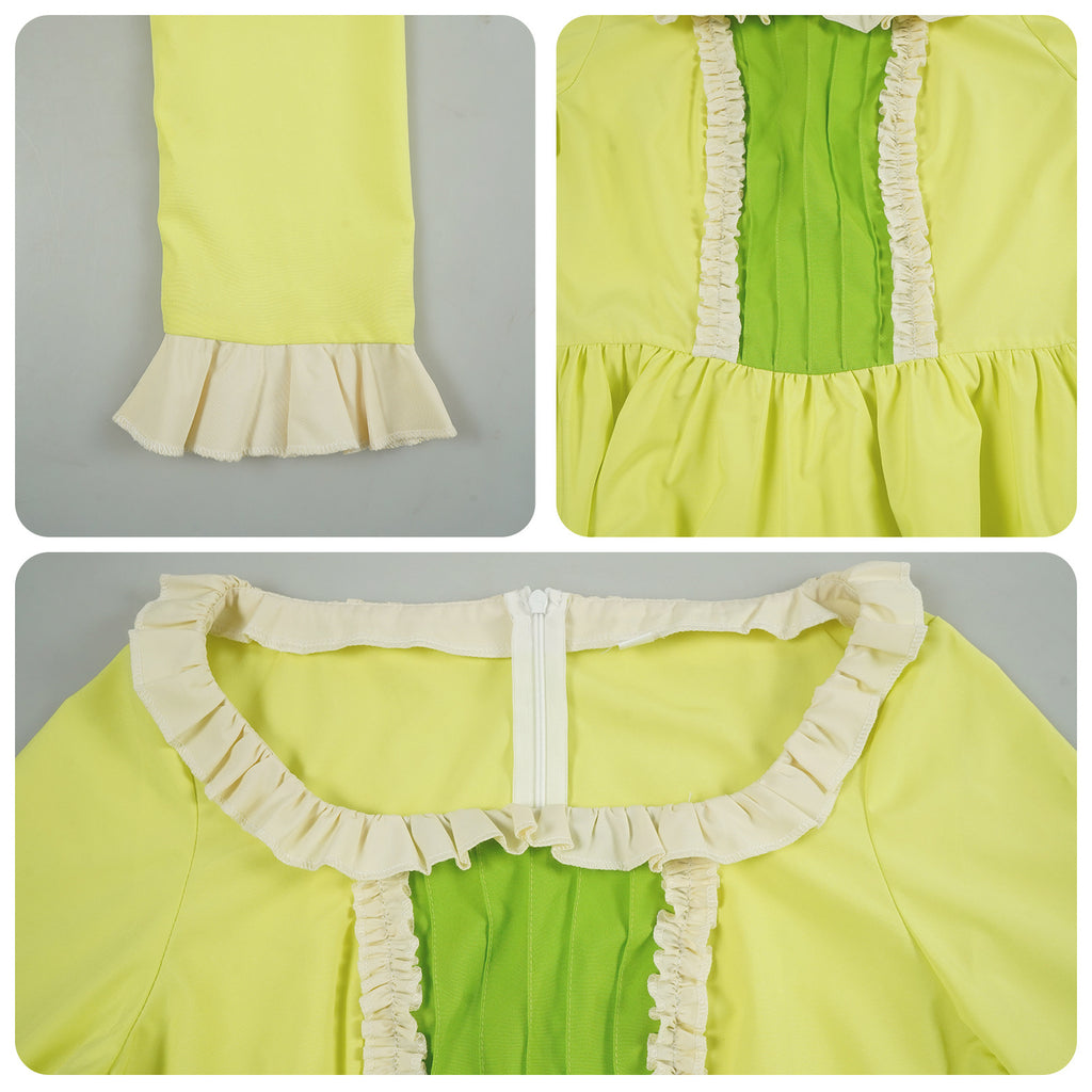 Girls Amber Princess Costume Lime Green Long Sleeve Dress with Crown and Earings for Themed Party