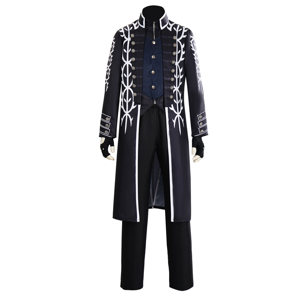 Men's Motivated Fighter Costume Black High Collar Trench Coat and Matching Pants Vest Gloves for Comic-Con Stage Performances