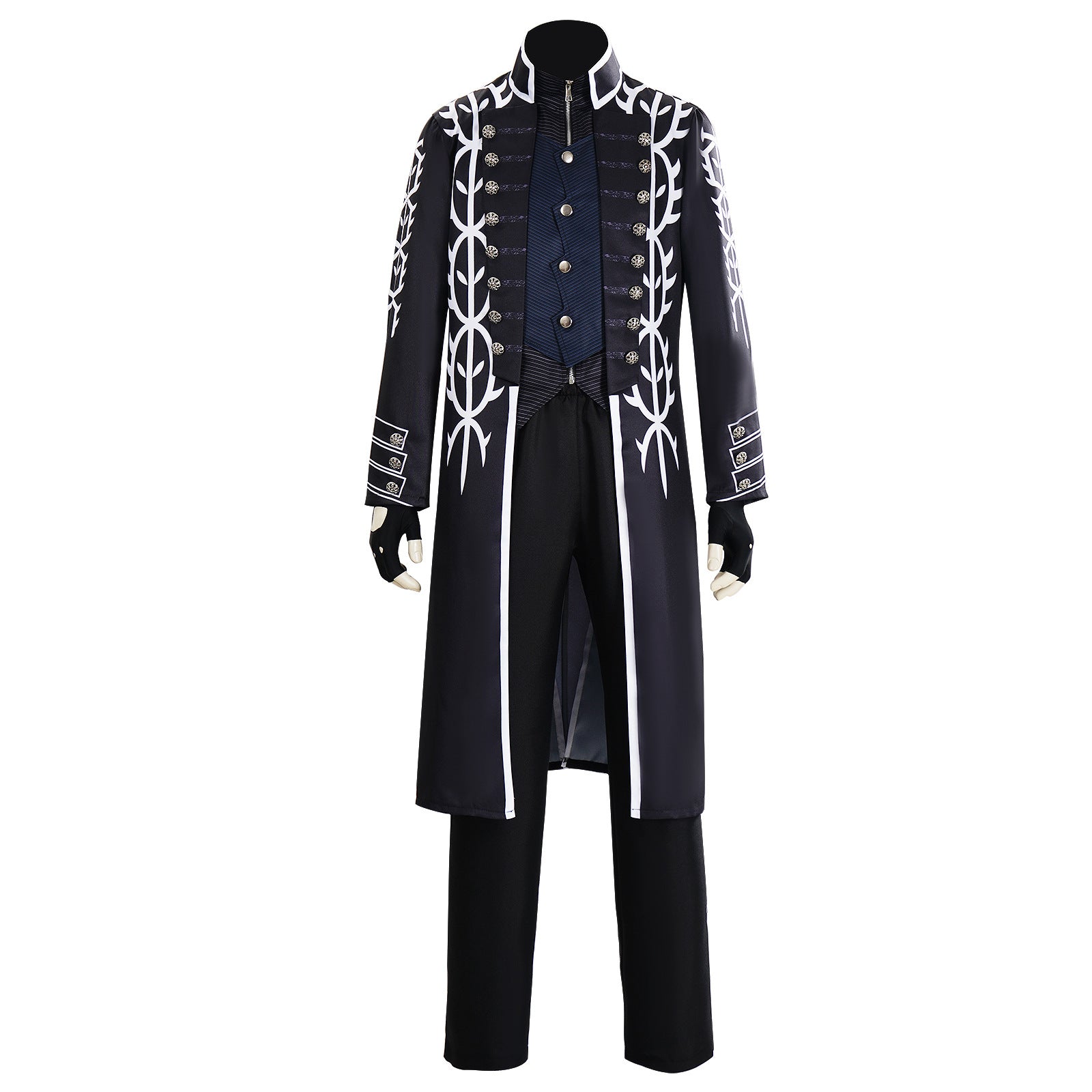 Men's Motivated Fighter Costume Black High Collar Trench Coat and Matching Pants Vest Gloves for Comic-Con Stage Performances