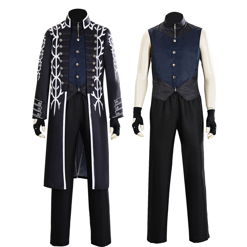 Men's Motivated Fighter Costume Black High Collar Trench Coat and Matching Pants Vest Gloves for Comic-Con Stage Performances