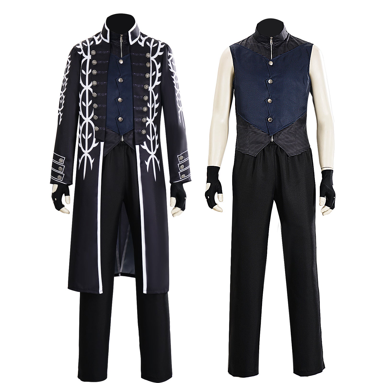 Men's Motivated Fighter Costume Black High Collar Trench Coat and Matching Pants Vest Gloves for Comic-Con Stage Performances