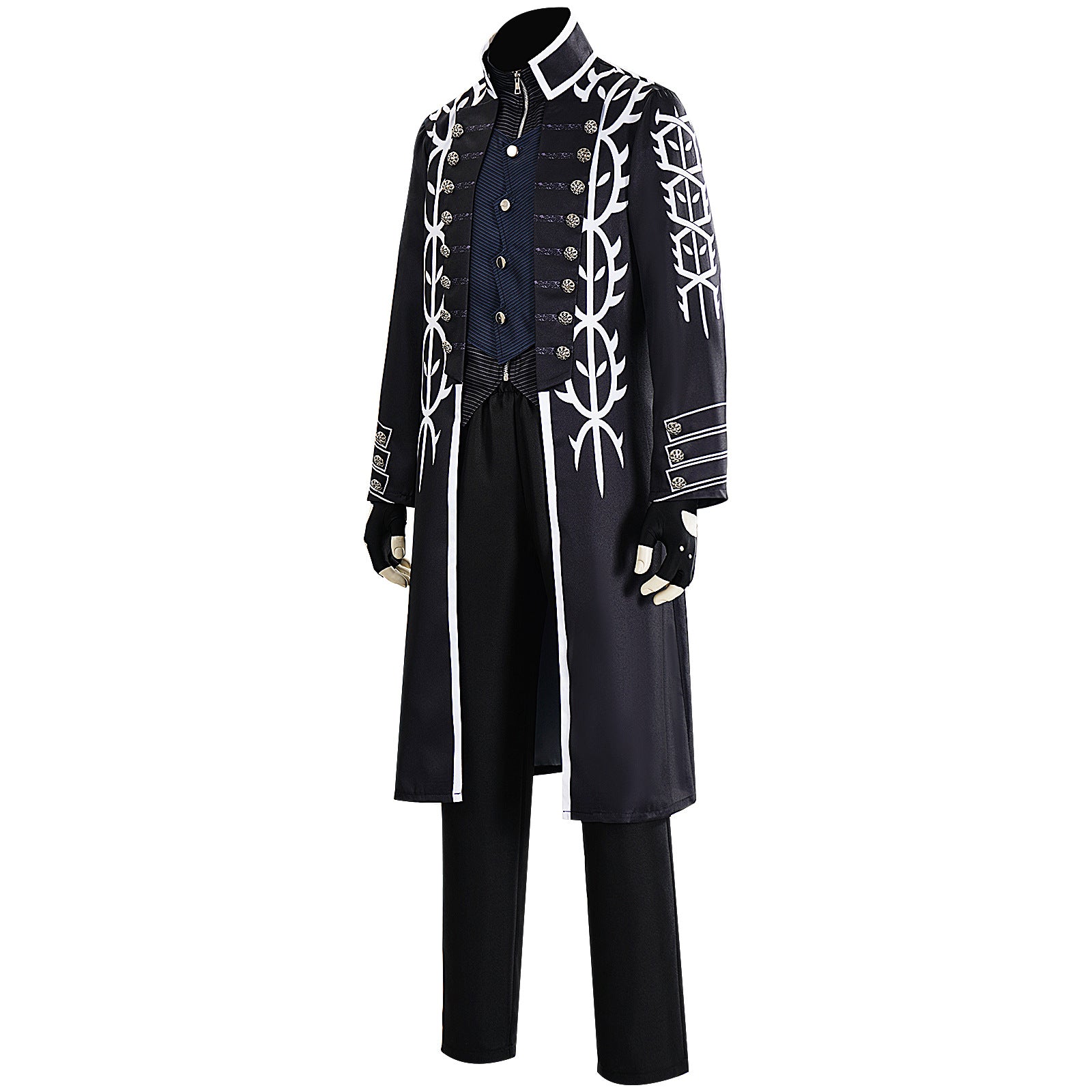 Men's Motivated Fighter Costume Black High Collar Trench Coat and Matching Pants Vest Gloves for Comic-Con Stage Performances