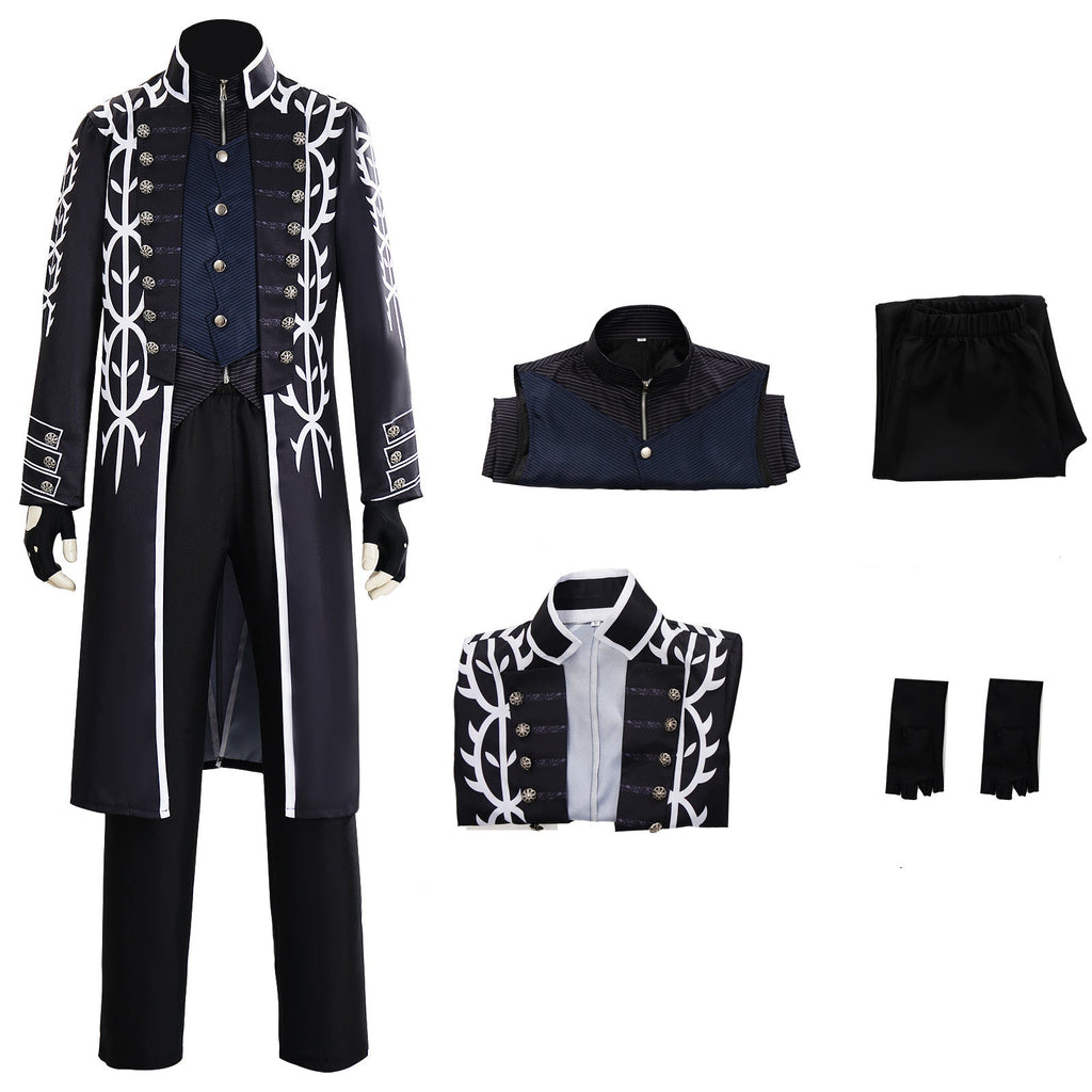 Men's Motivated Fighter Costume Black High Collar Trench Coat and Matching Pants Vest Gloves for Comic-Con Stage Performances