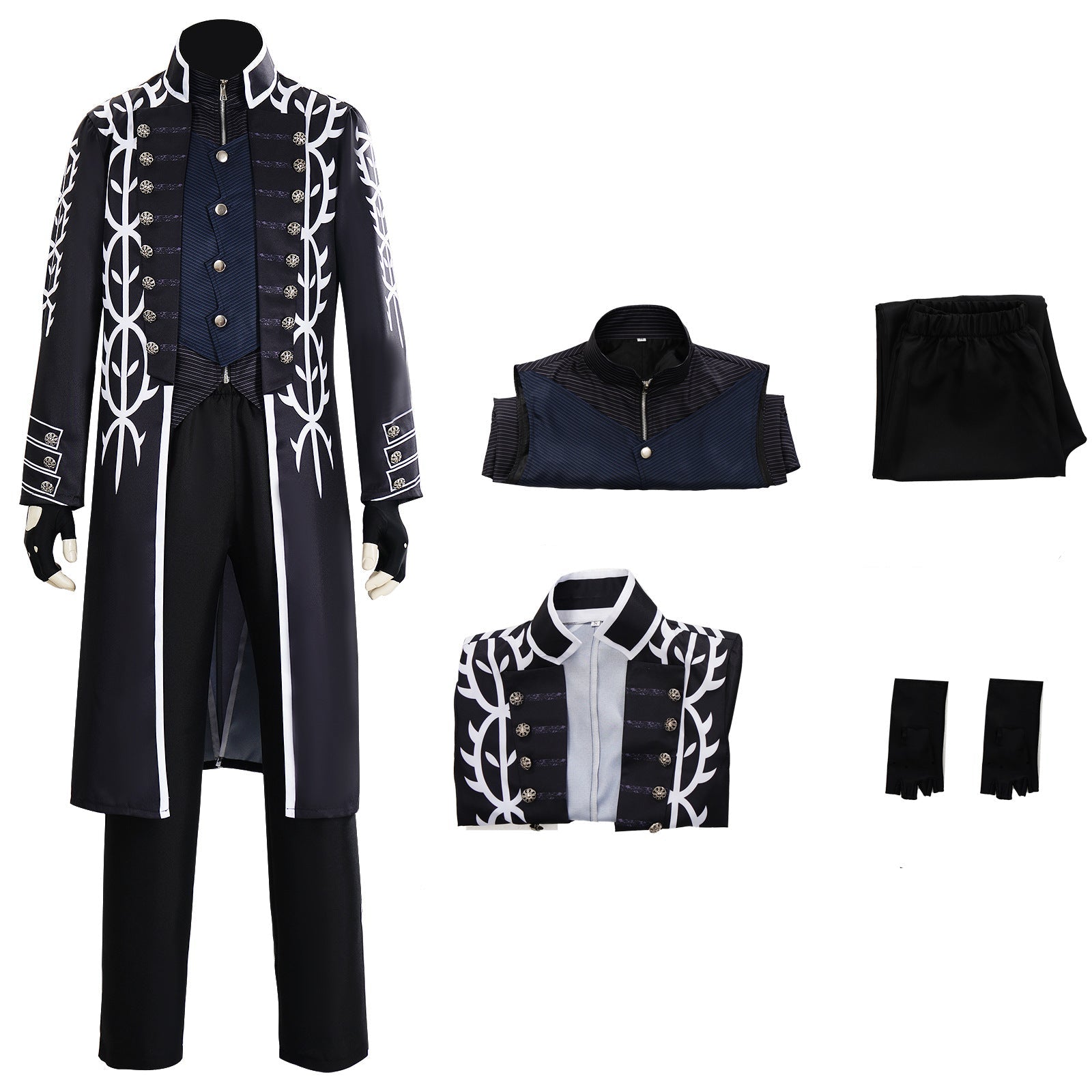 Men's Motivated Fighter Costume Black High Collar Trench Coat and Matching Pants Vest Gloves for Comic-Con Stage Performances