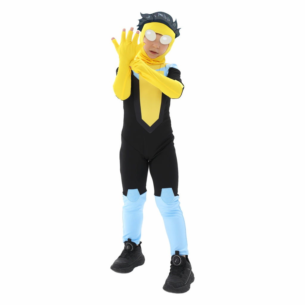 Boys Superhero Bodysuit Mark Yellow and Blue Fighter Cosplay Full Suit for Comic Con Halloween Dress Up