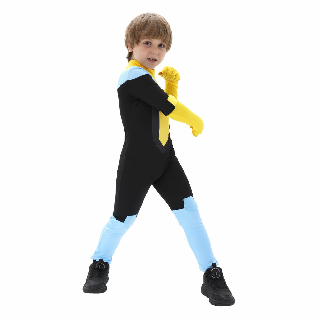 Boys Superhero Bodysuit Mark Yellow and Blue Fighter Cosplay Full Suit for Comic Con Halloween Dress Up