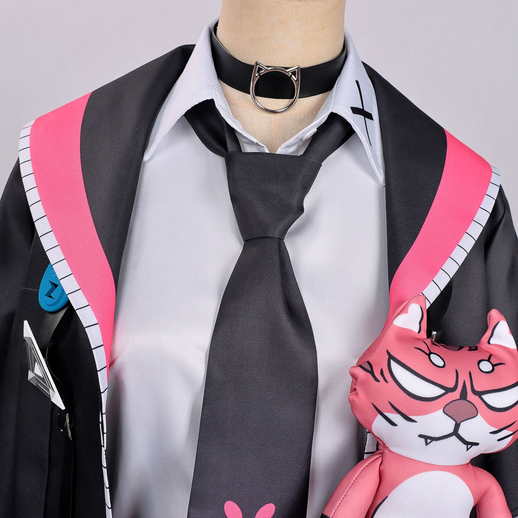 Women Nanally Costume Game Inspired Pink and Black Girls Uniform Set with Chest Cat Plush Toy for Fans Cosplay