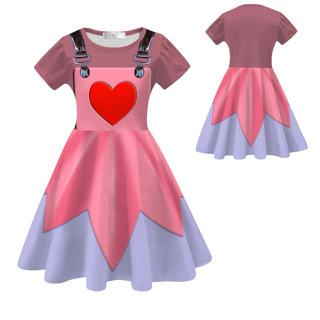 Girls Pink Cartoon Villain Doll Costume Dress with Matching Leggings Shoulder Bag Set for Themed Party