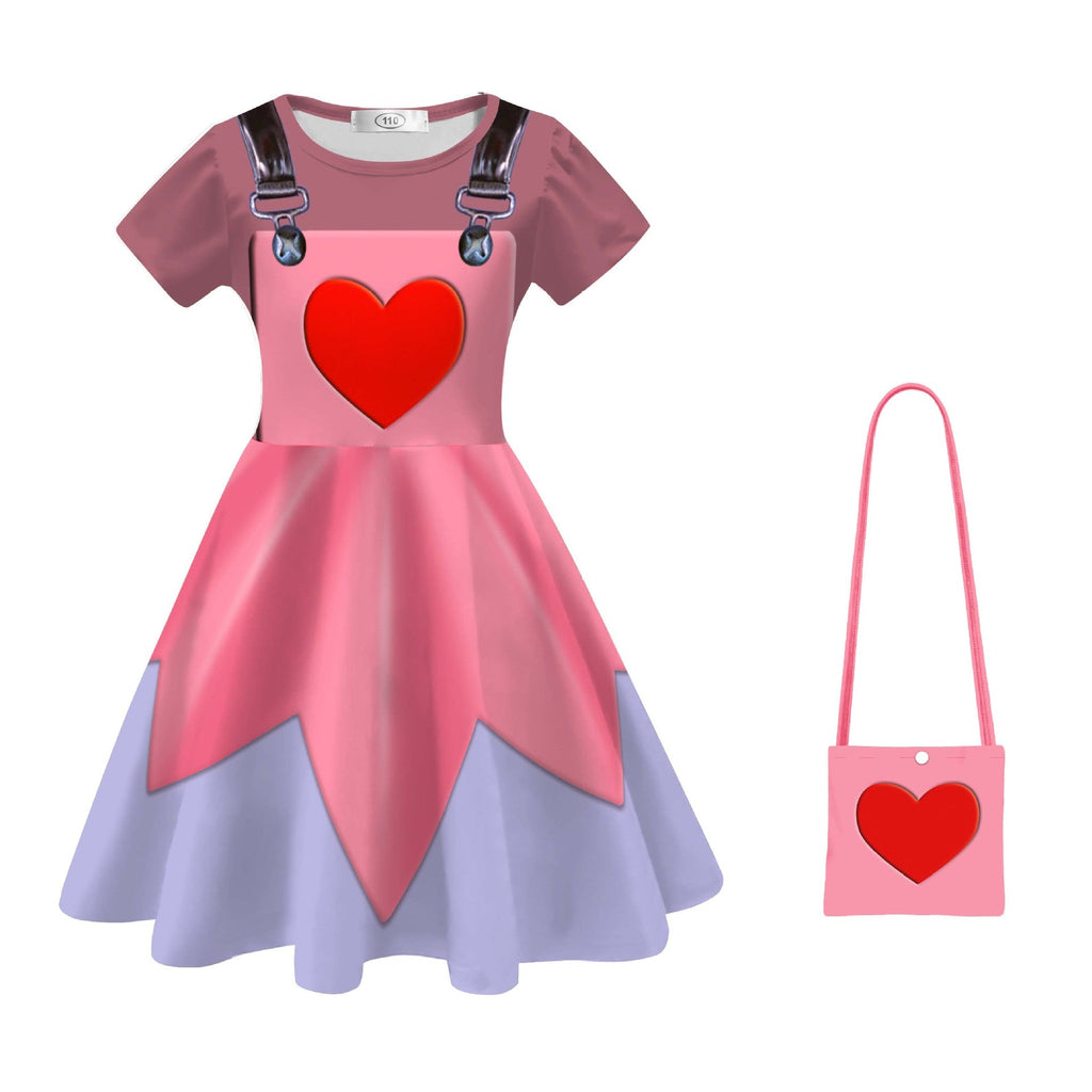 Girls Pink Cartoon Villain Doll Costume Dress with Matching Leggings Shoulder Bag Set for Themed Party