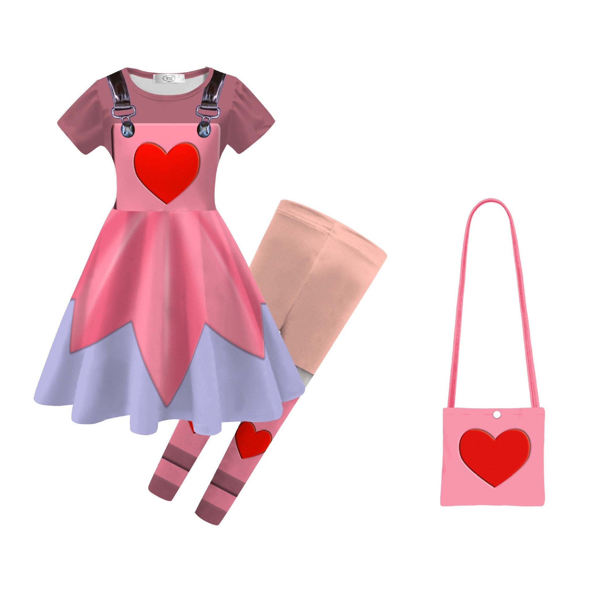 Girls Pink Cartoon Villain Doll Costume Dress with Matching Leggings Shoulder Bag Set for Themed Party