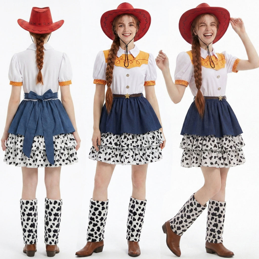 Kids Adults Cowgirl Costume White Western Toy Girl Dress with Hat Belt and Leg Warmers for Cosplay Event