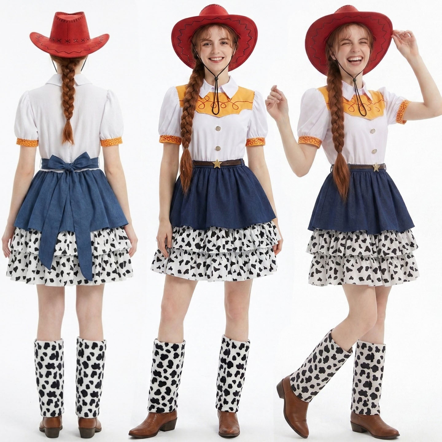 Kids Adults Cowgirl Costume White Western Toy Girl Dress with Hat Belt and Leg Warmers for Cosplay Event