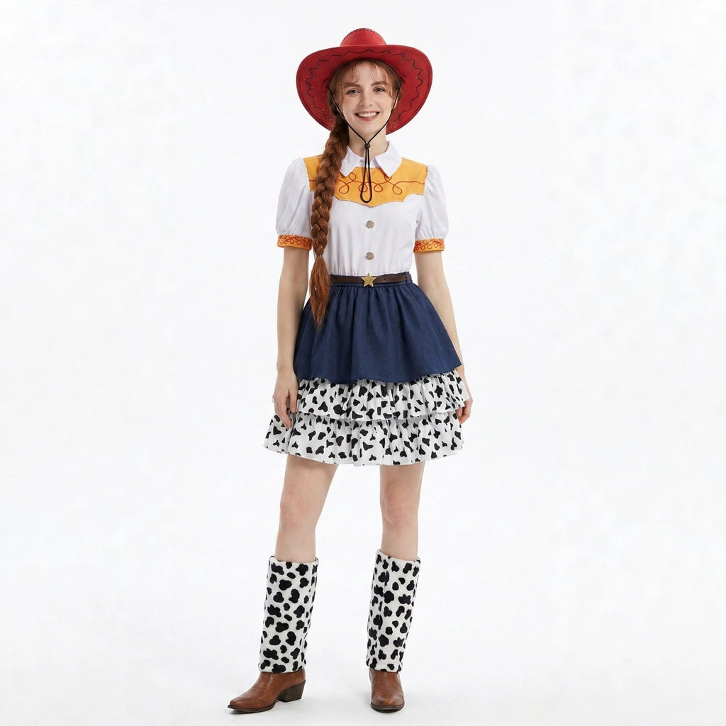 Kids Adults Cowgirl Costume White Western Toy Girl Dress with Hat Belt and Leg Warmers for Cosplay Event