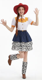 Kids Adults Cowgirl Costume White Western Toy Girl Dress with Hat Belt and Leg Warmers for Cosplay Event