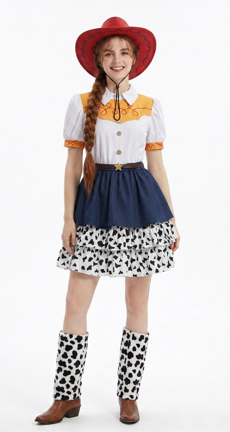 Kids Adults Cowgirl Costume White Western Toy Girl Dress with Hat Belt and Leg Warmers for Cosplay Event