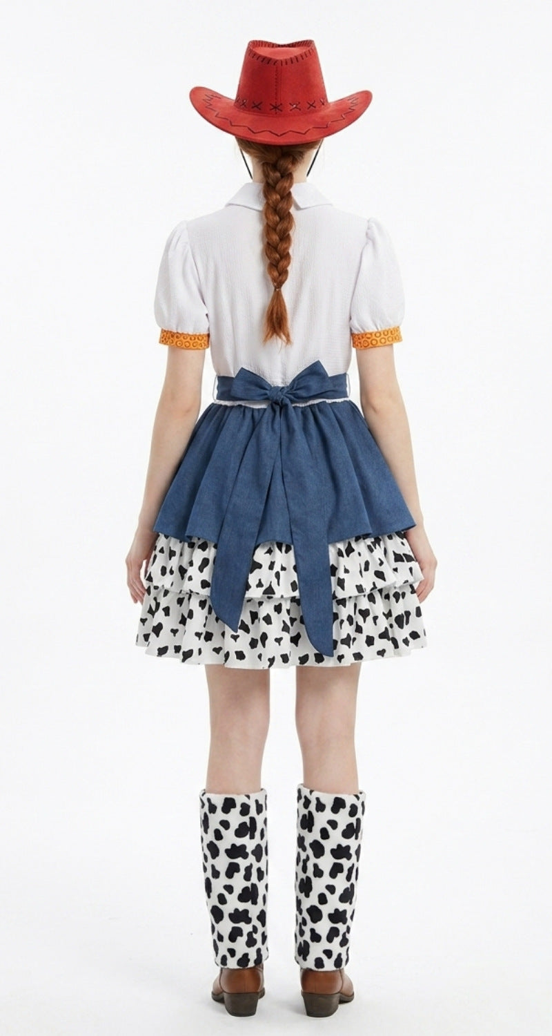 Kids Adults Cowgirl Costume White Western Toy Girl Dress with Hat Belt and Leg Warmers for Cosplay Event
