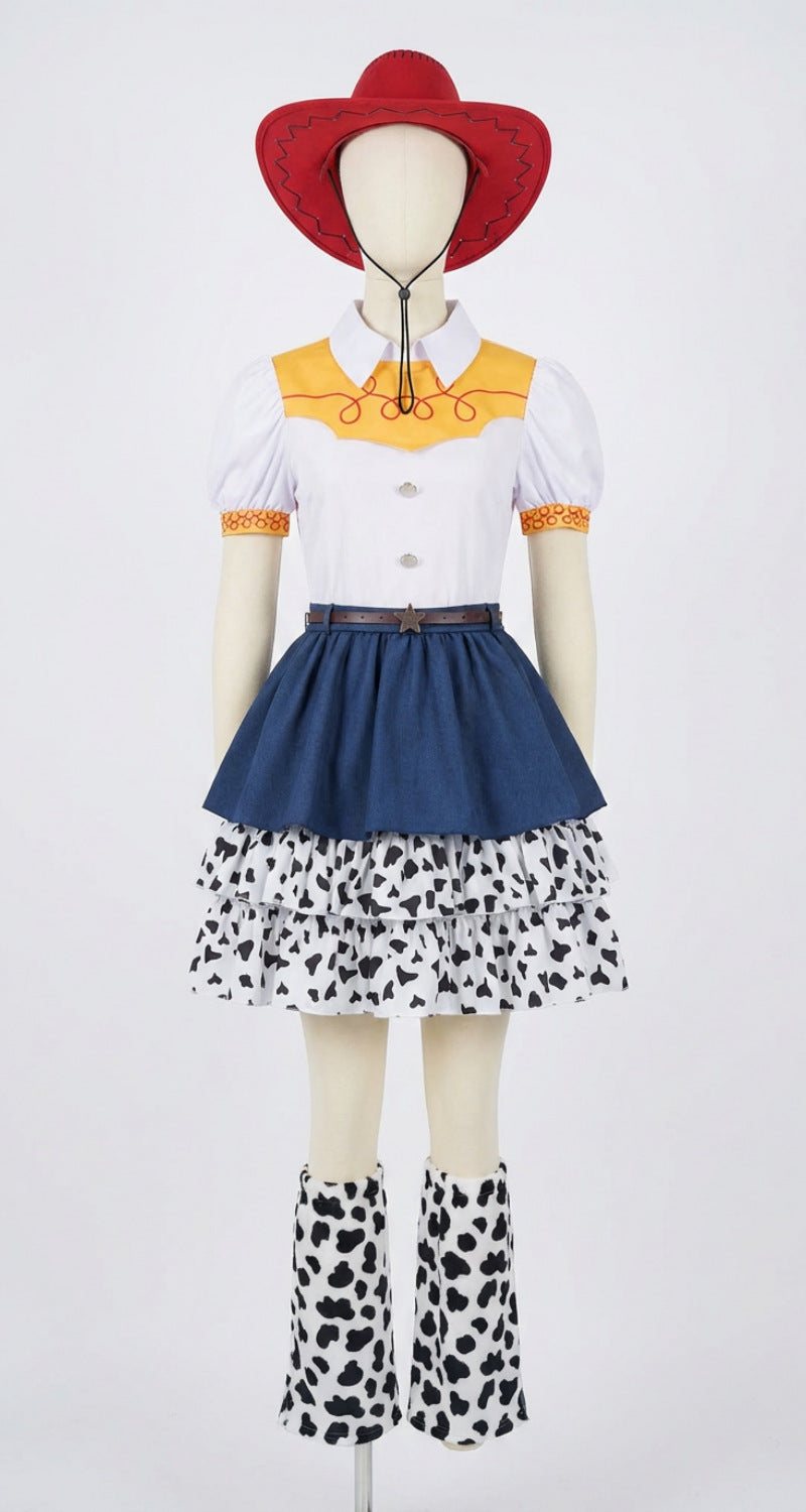 Kids Adults Cowgirl Costume White Western Toy Girl Dress with Hat Belt and Leg Warmers for Cosplay Event