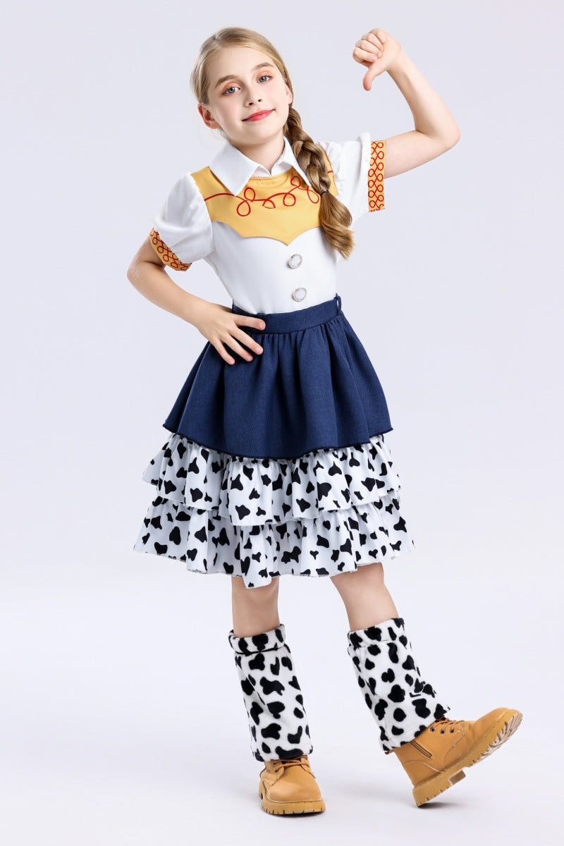 Kids Adults Cowgirl Costume White Western Toy Girl Dress with Hat Belt and Leg Warmers for Cosplay Event