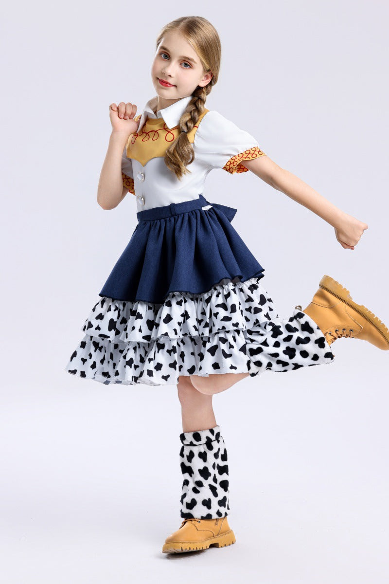 Kids Adults Cowgirl Costume White Western Toy Girl Dress with Hat Belt and Leg Warmers for Cosplay Event