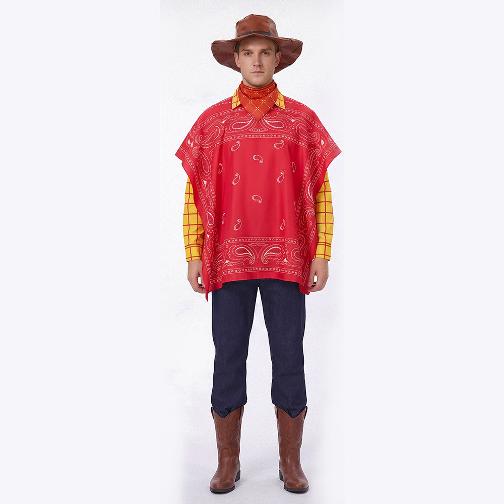 Boys Mens Western Sheriff Costume Wanderer Cowboy Yellow Checkered Shirt Set with Hat for Cosplay