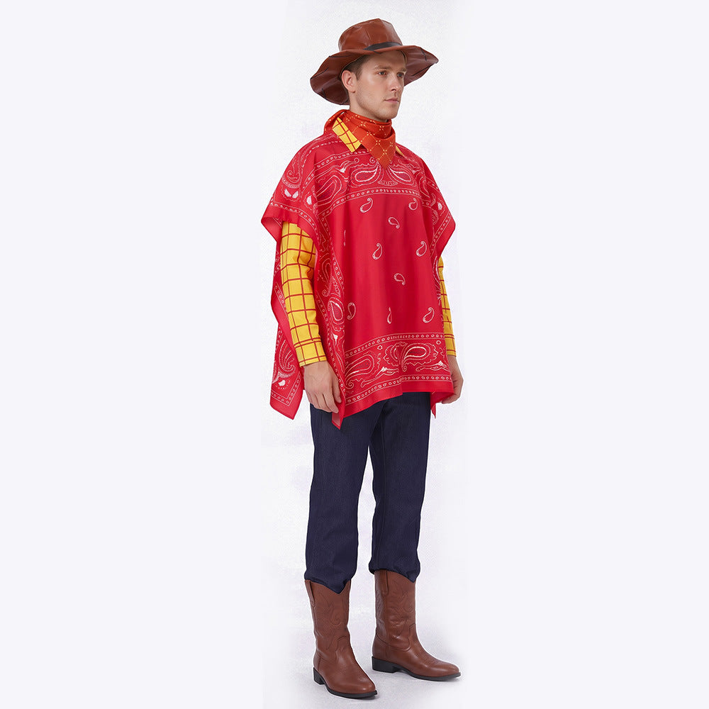 Boys Mens Western Sheriff Costume Wanderer Cowboy Yellow Checkered Shirt Set with Hat for Cosplay