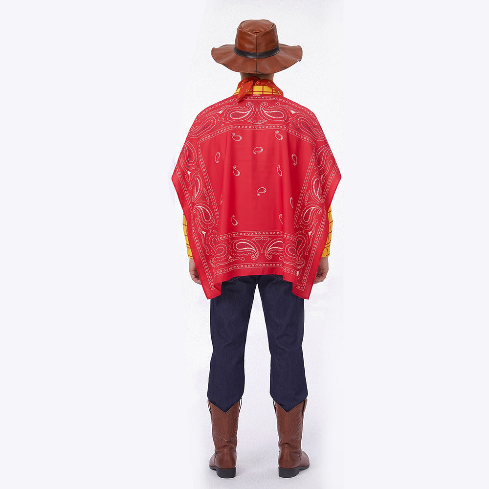 Boys Mens Western Sheriff Costume Wanderer Cowboy Yellow Checkered Shirt Set with Hat for Cosplay