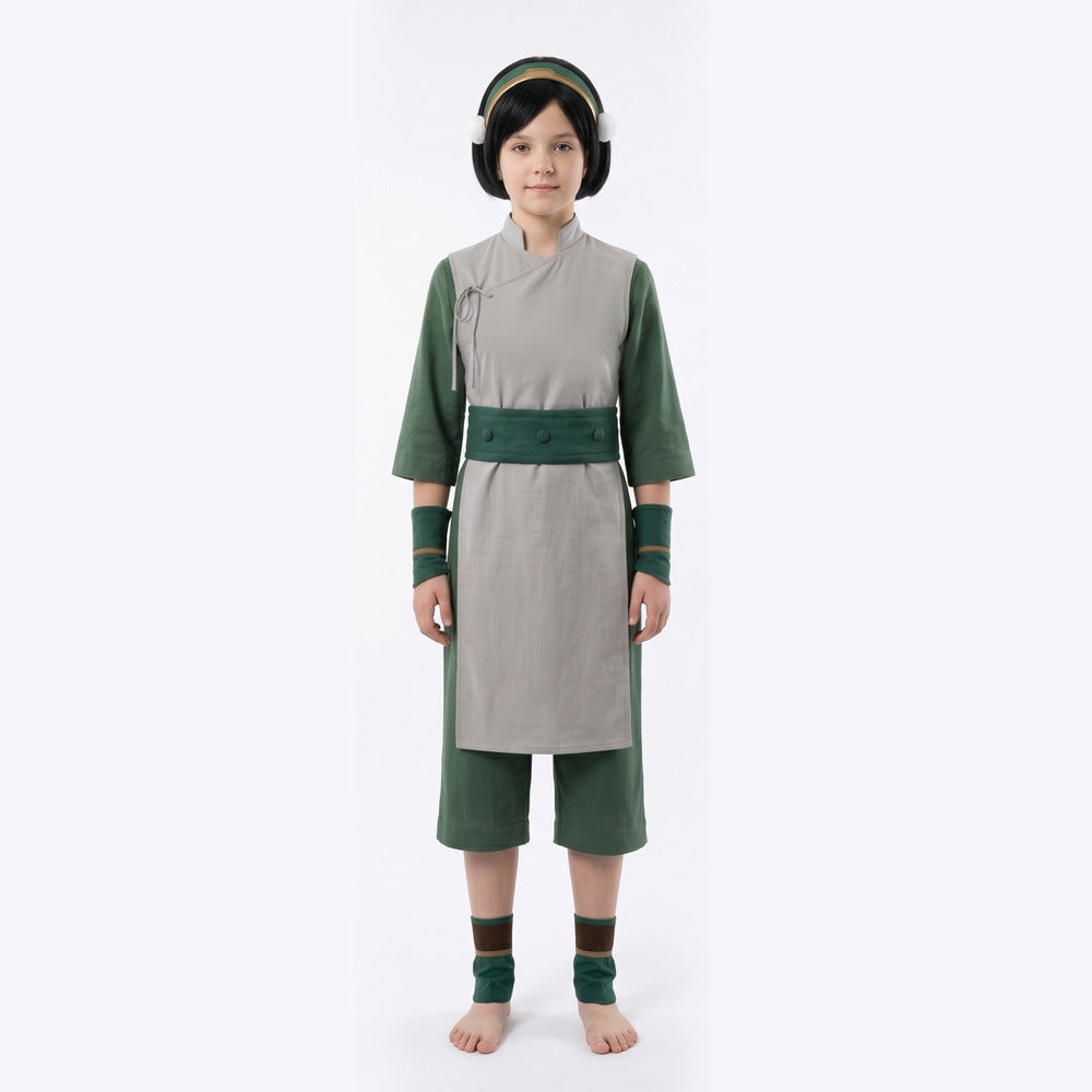 Toph Cosplay Costume Green Earthbending Suit with Hairband for Adults Kids Stage Performance