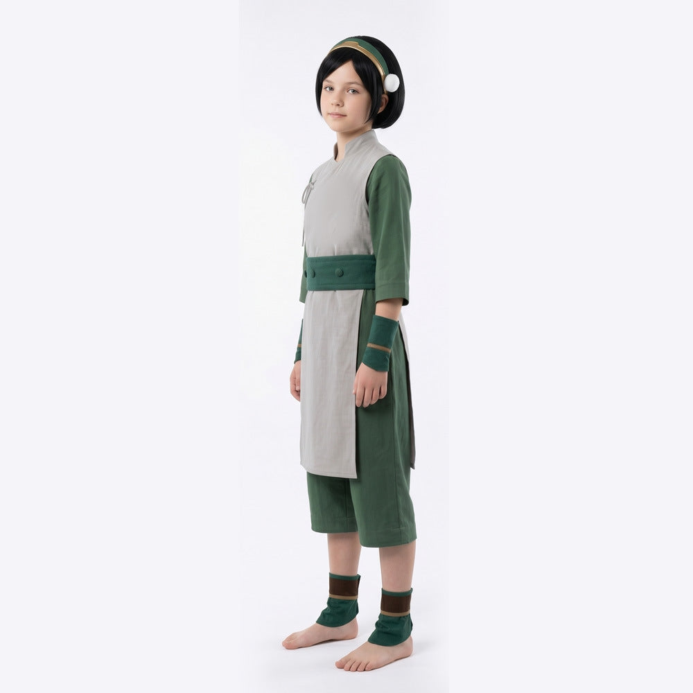 Toph Cosplay Costume Green Earthbending Suit with Hairband for Adults Kids Stage Performance