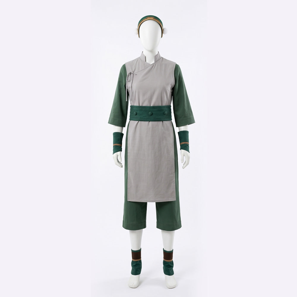 Toph Cosplay Costume Green Earthbending Suit with Hairband for Adults Kids Stage Performance