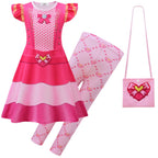 Girls Princess Pink Costume Heart Printed Dress Bag Leggings 3pcs Full Set for Halloween Party 4-12Y