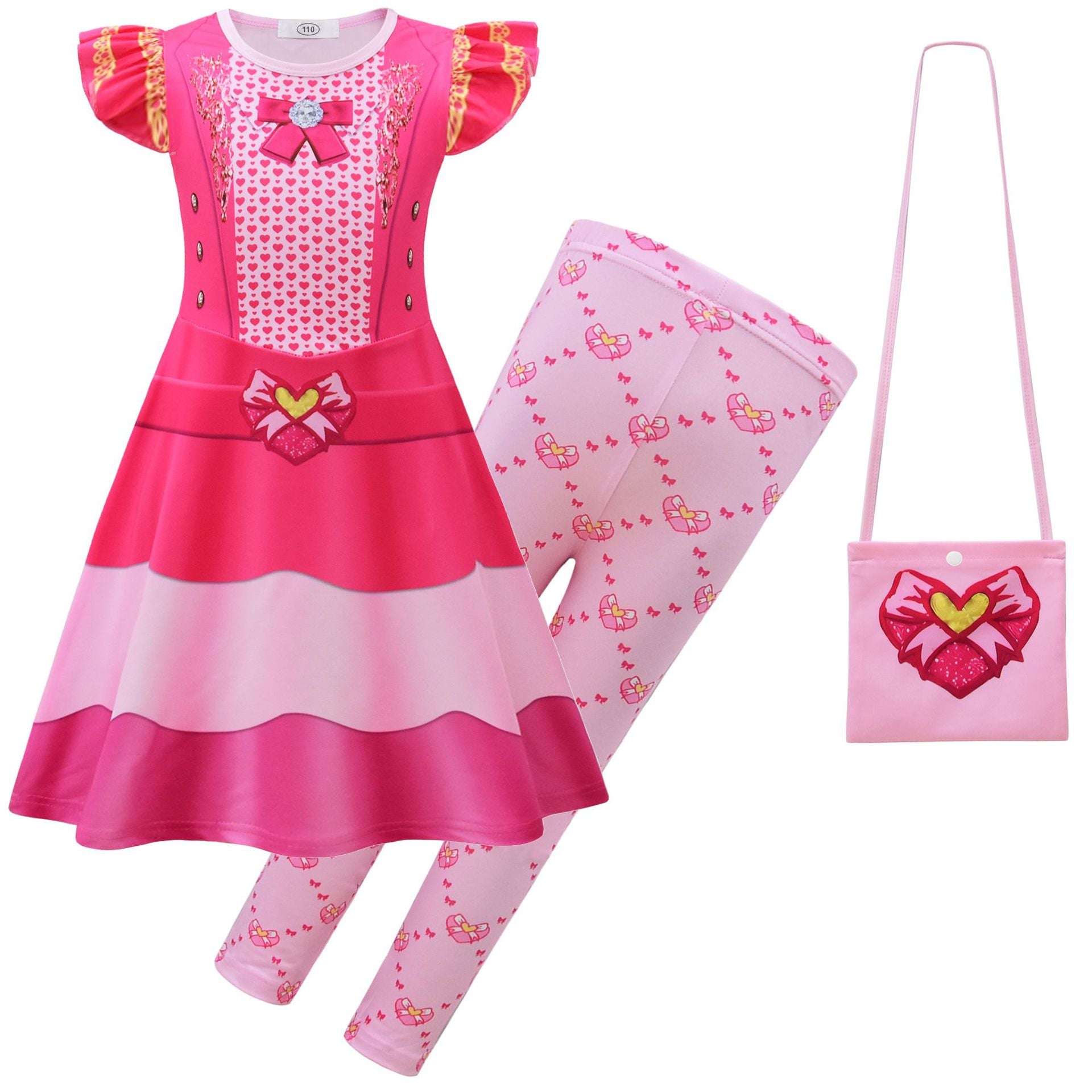 Girls Princess Pink Costume Heart Printed Dress Bag Leggings 3pcs Full Set for Halloween Party 4-12Y