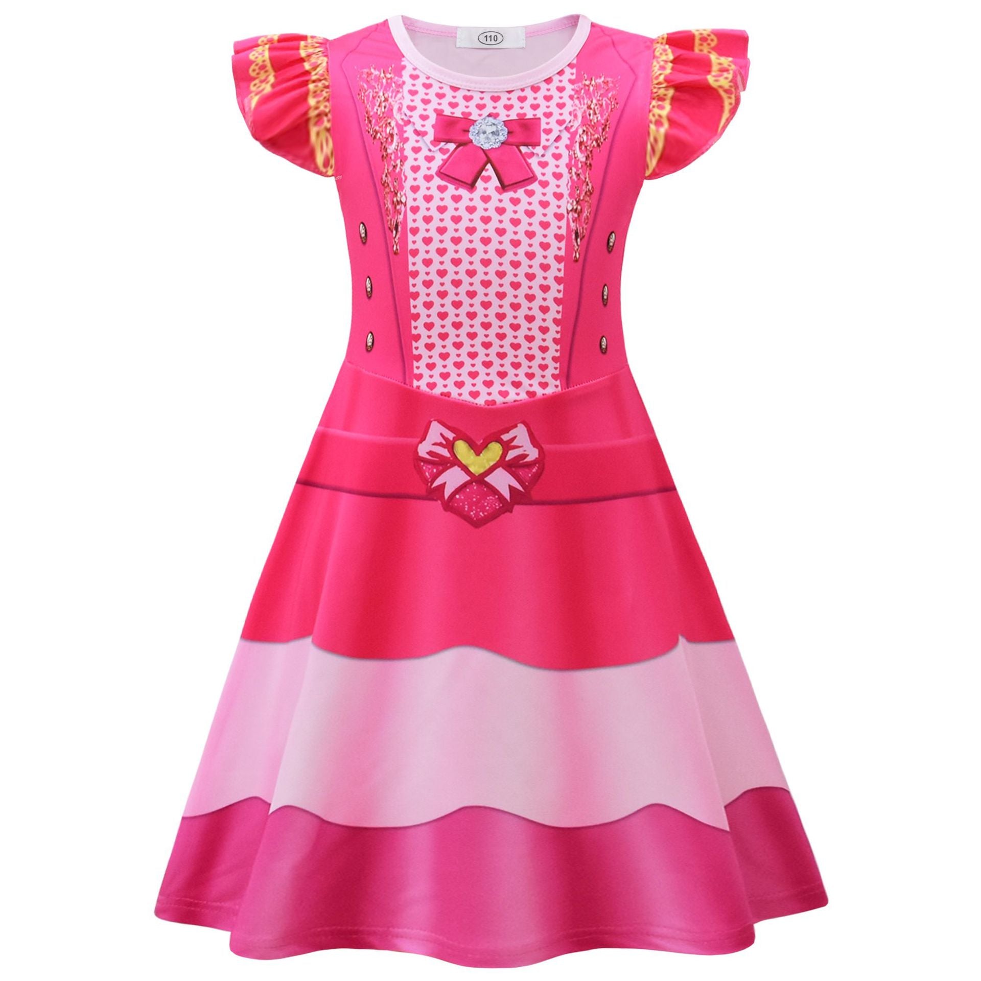 Girls Princess Pink Costume Heart Printed Dress Bag Leggings 3pcs Full Set for Halloween Party 4-12Y