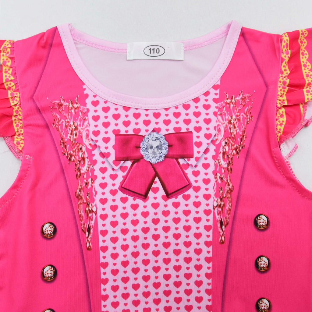Girls Princess Pink Costume Heart Printed Dress Bag Leggings 3pcs Full Set for Halloween Party 4-12Y