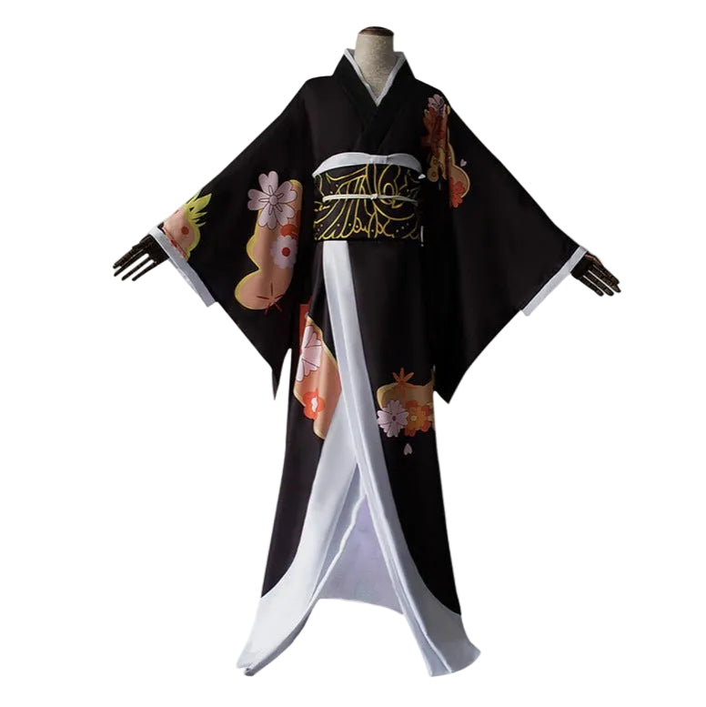 Female Demon King Costume Japanese Traditional Floral Black Kimono Set for Halloween Cosplay