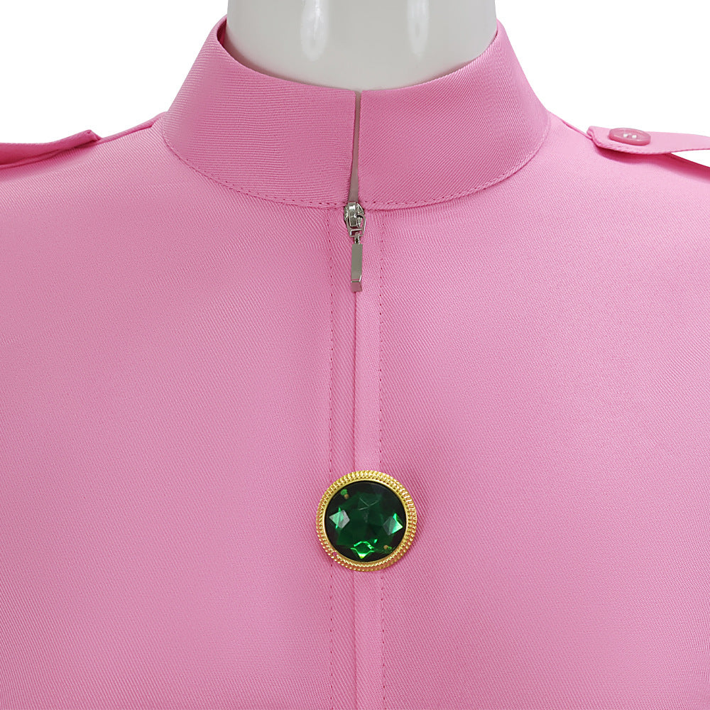 Women Pink Princess Costume Superhero Racing Jumpsuit with Gloves Belt and Gem Brooch for Cosplay