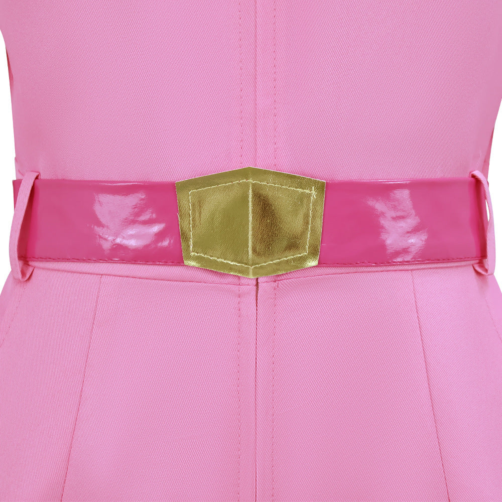 Women Pink Princess Costume Superhero Racing Jumpsuit with Gloves Belt and Gem Brooch for Cosplay