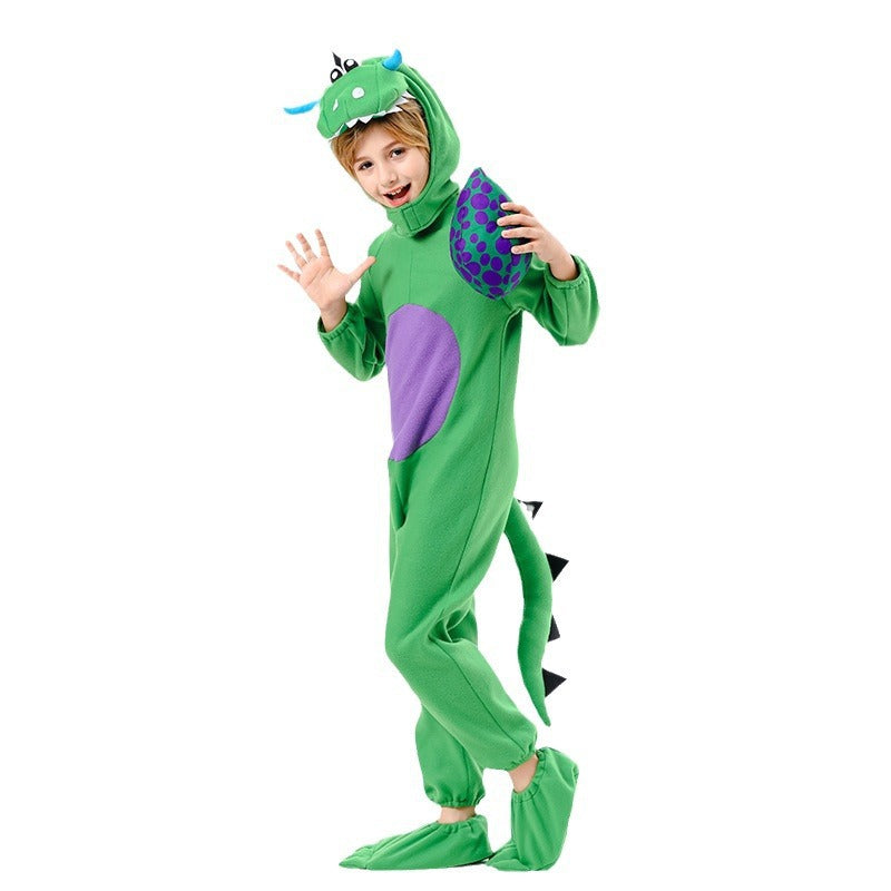 Kids Dinosaur Costume Unisex Green Fleece Jumpsuit with Foot Covers Dino Egg and Helmet for Dress Up Party