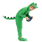 Kids Dinosaur Costume Unisex Green Fleece Jumpsuit with Foot Covers Dino Egg and Helmet for Dress Up Party