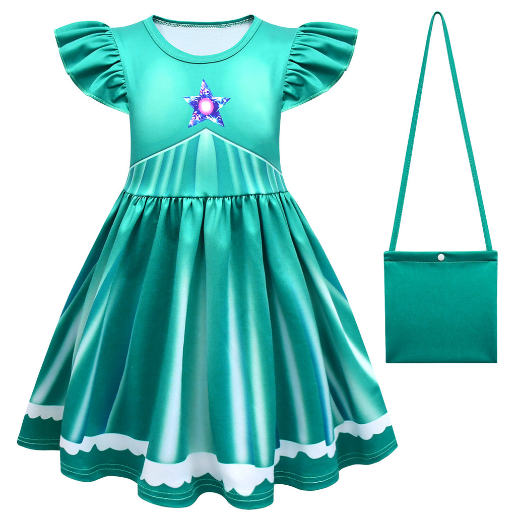 Girls Rosalina Princess Costume Green Dress and Bag 2pcs Suit for Cosplay Events