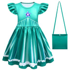 Girls Rosalina Princess Costume Green Dress and Bag 2pcs Suit for Cosplay Events