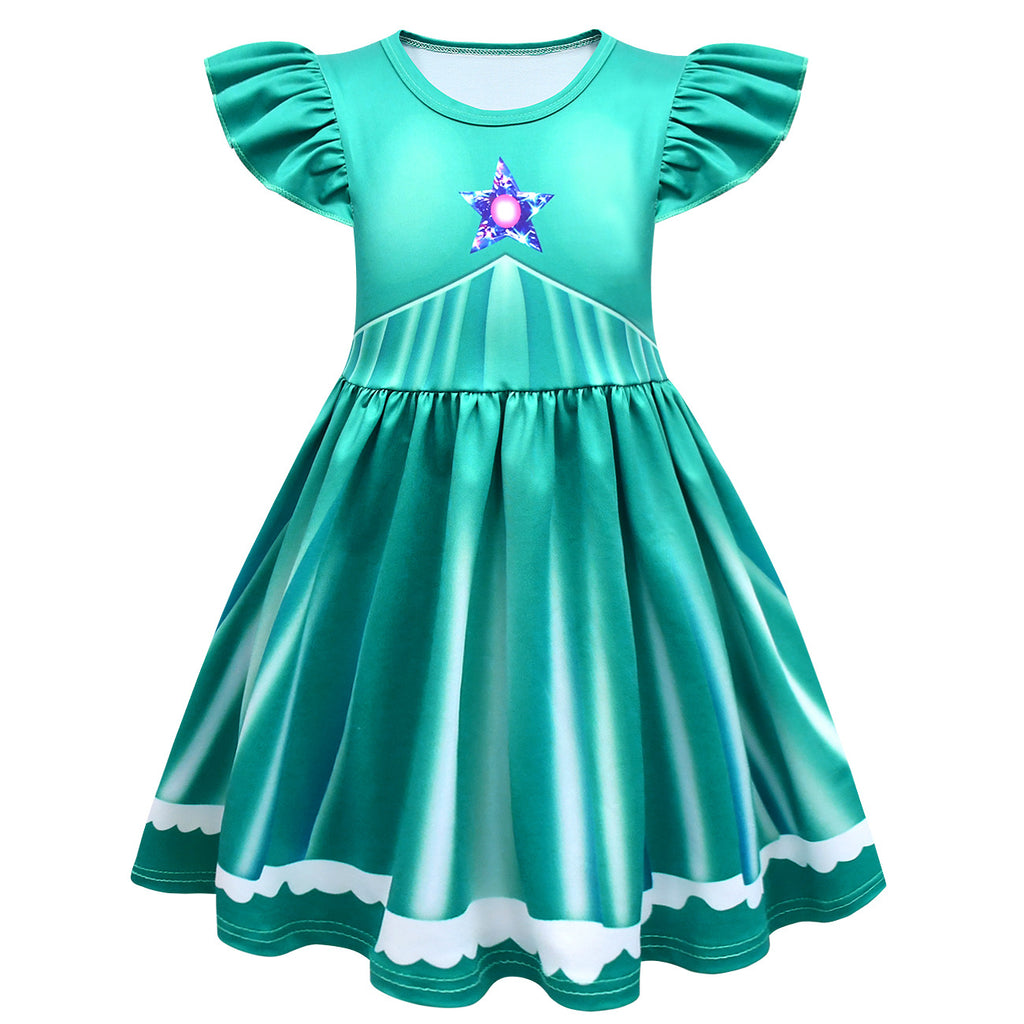 Girls Rosalina Princess Costume Green Dress and Bag 2pcs Suit for Cosplay Events