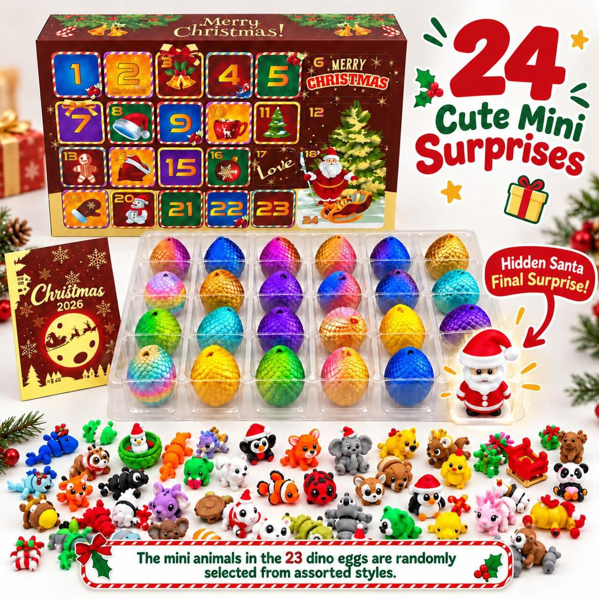 2026 Dinosaur Advent Calendar 24-Day Christmas Countdown Toy Set with 3D Printed Surprise Dragon Eggs for Kids