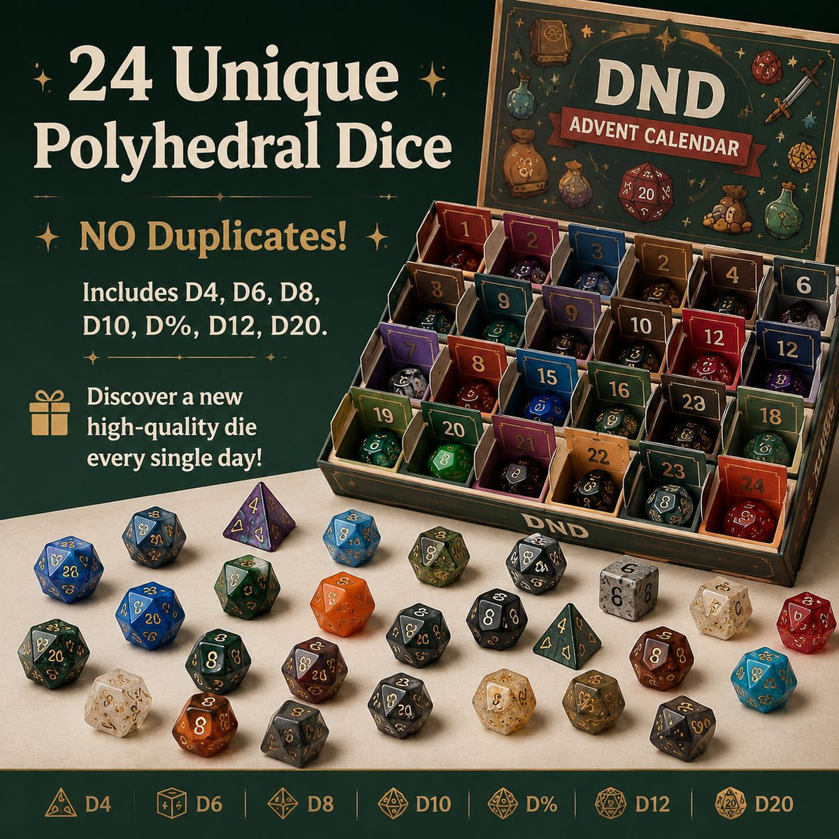 Polyhedral Dice Advent Calendar 24 Days Christmas Countdown Dice Set for Game Player