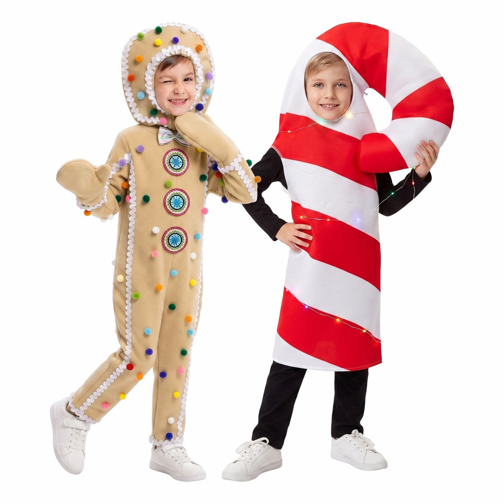 Kids Christmas Costumes Funny Candy Cane Gingerbread and Holiday Gift Box Dress-Up Outfits for Boys Girls School Stage Performance