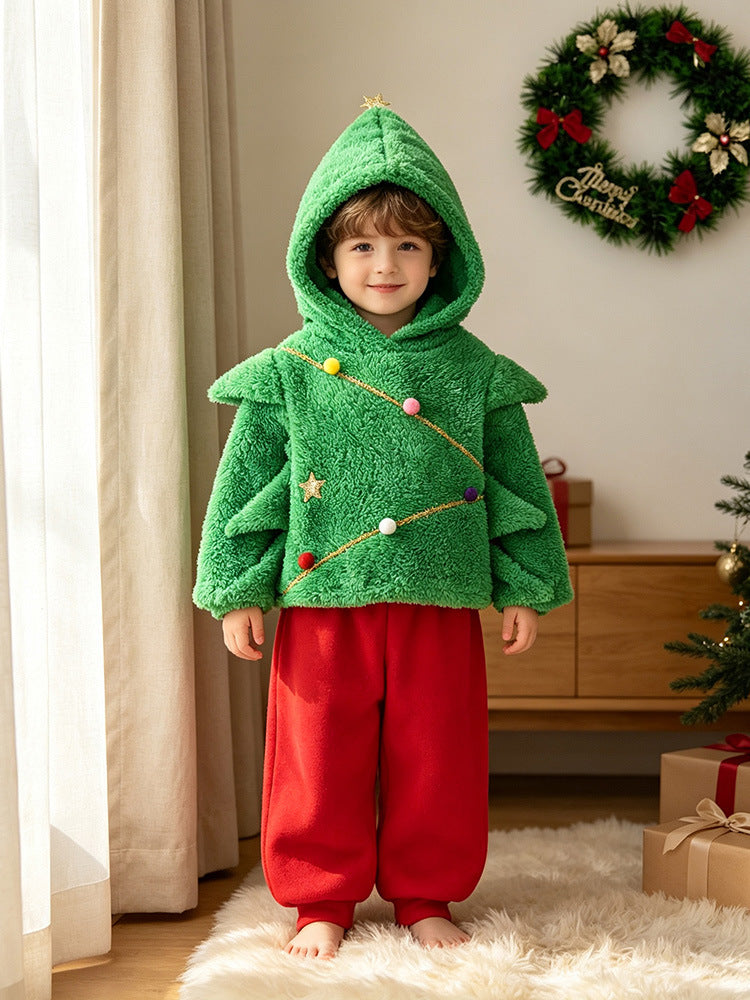 Toddler Kids Christmas Costume Green Hodded Xmas Sweatshit and Pants 2pcs Suit for Party School Performance