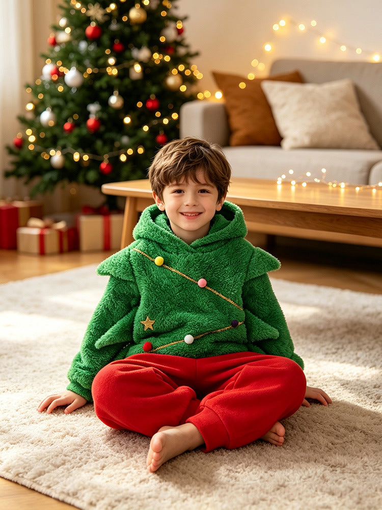 Toddler Kids Christmas Costume Green Hodded Xmas Sweatshit and Pants 2pcs Suit for Party School Performance