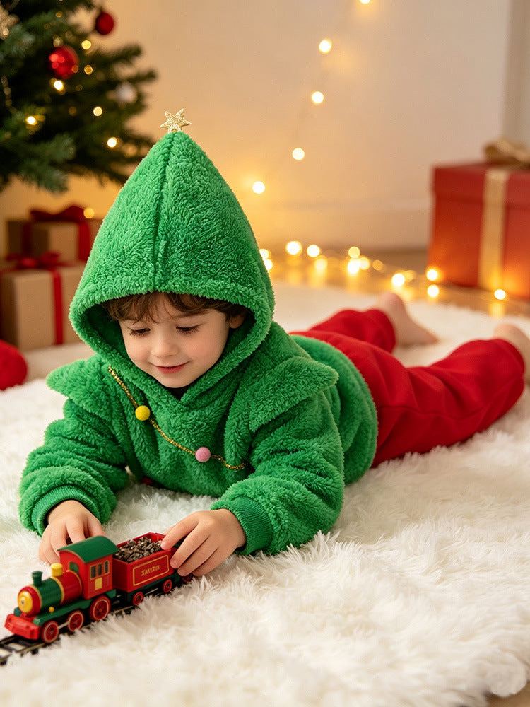 Toddler Kids Christmas Costume Green Hodded Xmas Sweatshit and Pants 2pcs Suit for Party School Performance